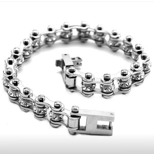 Bracciale stile biker da donna in acciaio e strass