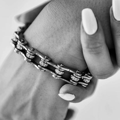 Bracciale Acciaio stile Biker donna con Strass